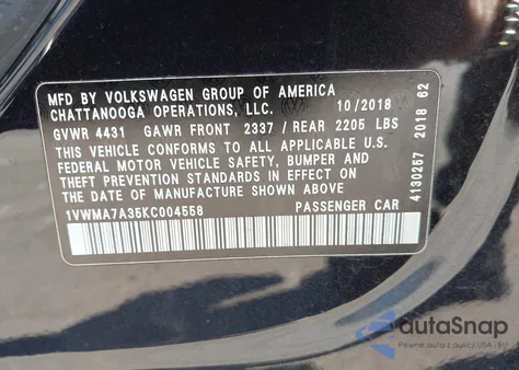 2019 Volkswagen Passat 2.0T Se R-Line z USA, uszkodzony, nr VIN 1VWMA7A35KC004558